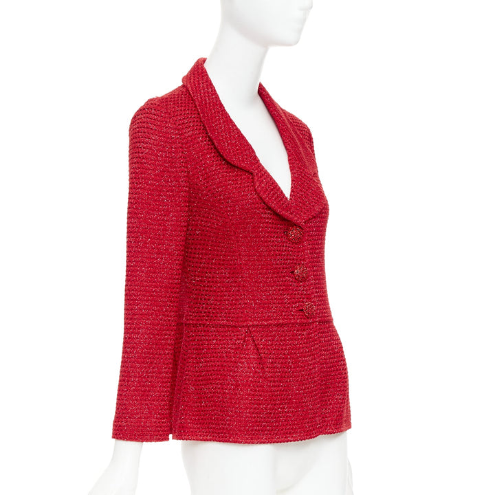 ST JOHN COUTURE red metallic tweed knit crystal buttons peplum blazer US6 M