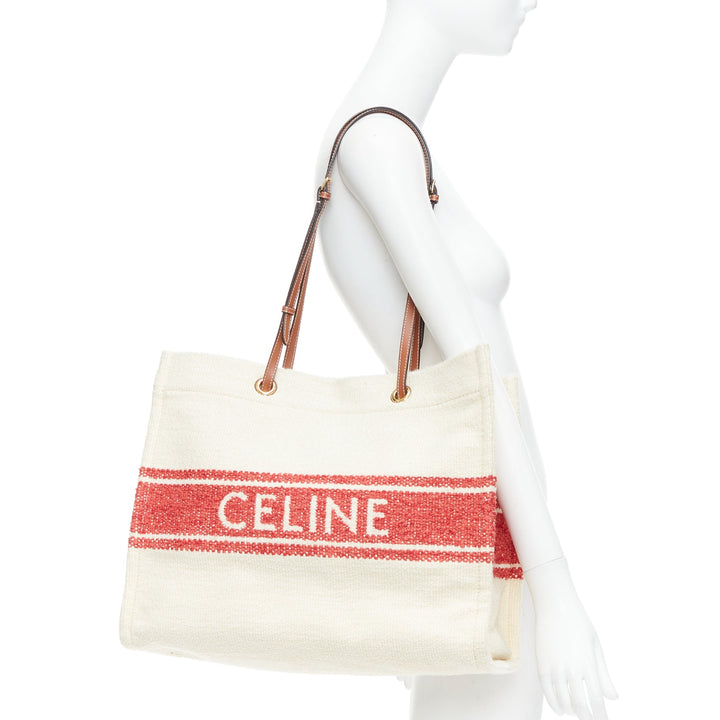 CELINE 2021 Plein Soleil Horizontal Cabas Thais boucle wool logo tote bag