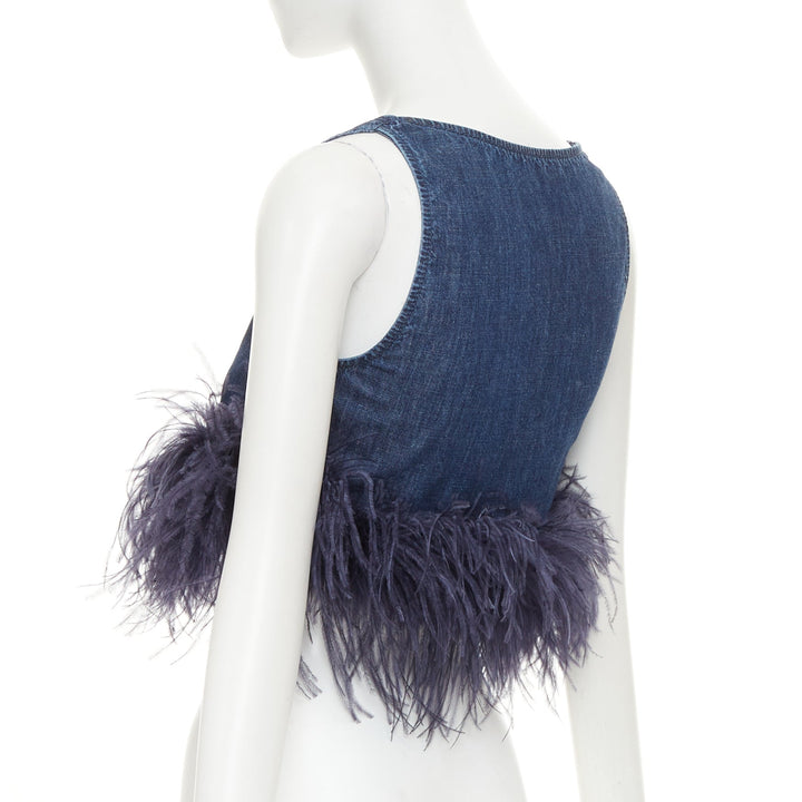 VALENTINO 2023 VGold blue denim purple turkey feather trimmed crop top IT38 XS