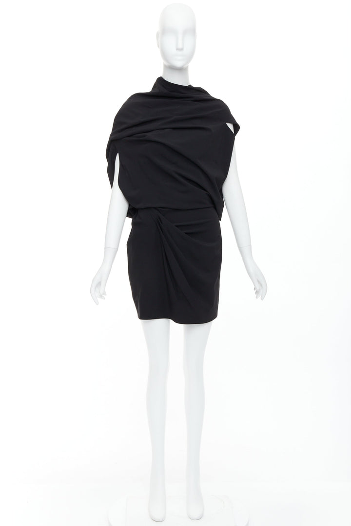 DONNA KARAN black drape cowl wrap front ruched dress US2 S