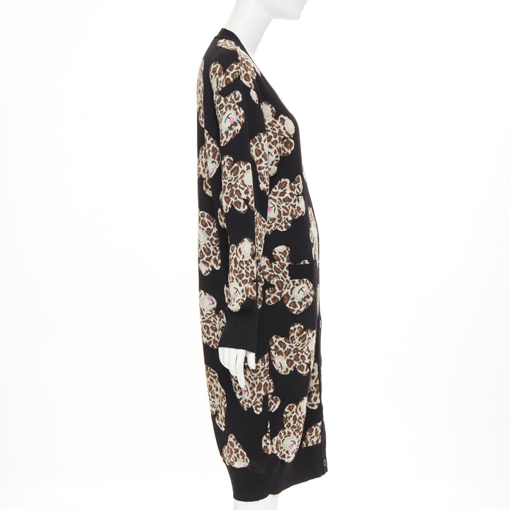 MOSCHINO Leopard Teddy black brown virgin wool knit long cardigan IT38 XS