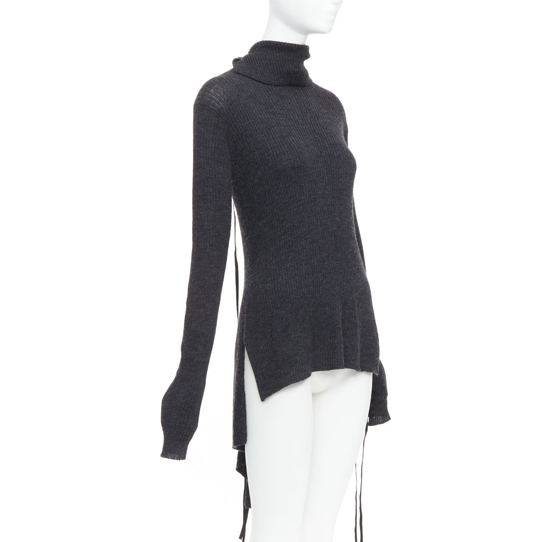 Y'S YOHJI YAMAMOTO grey  wool laced up hi low handkerchief turtleneck top JP2 M