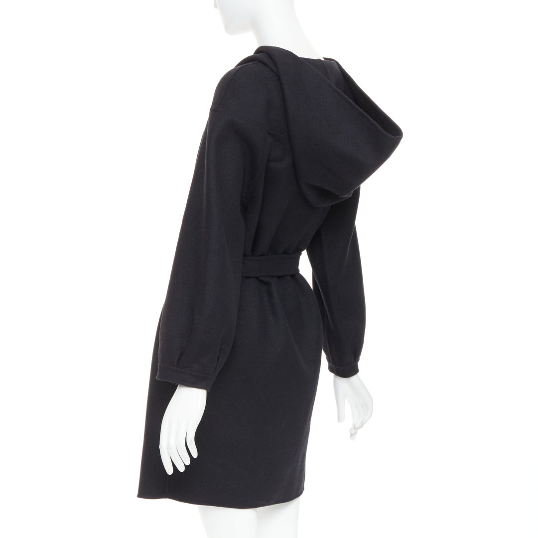 CHRISTIAN DIOR black wool angora cashgora hooded belted popover dress FR38 M