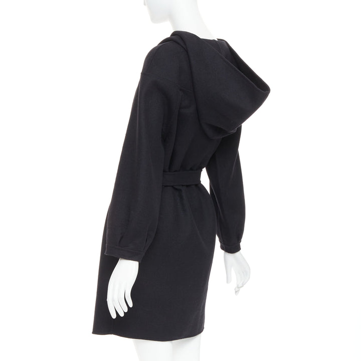 CHRISTIAN DIOR black wool angora cashgora hooded belted popover dress FR38 M