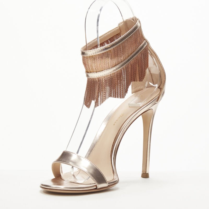 GIANVITO ROSSI Josephine copper metal fringe ankle strap high heel sandal EU38