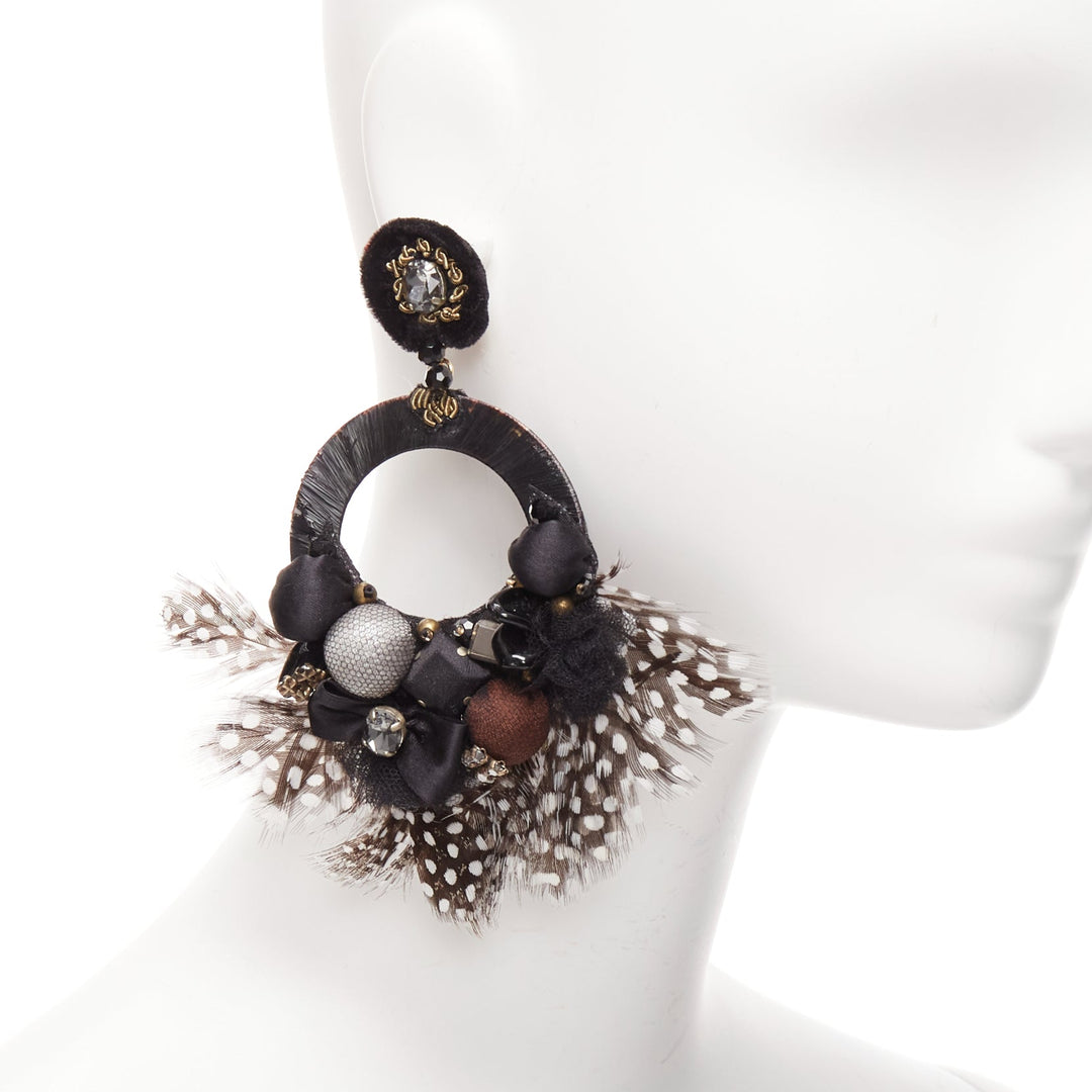 RANJANA KHAN black brown dotted feather beads bow dangling clip on earrings