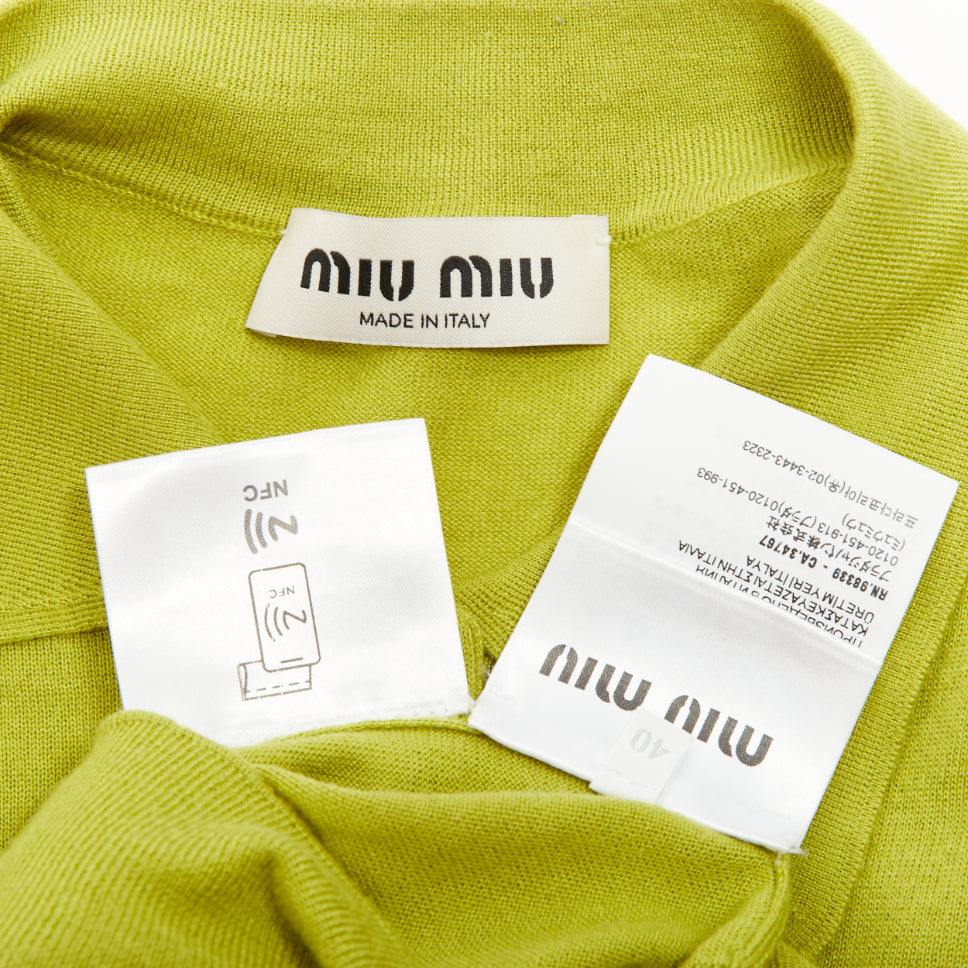 MIU MIU 2024 pistacchio green logo cashmere silk polo collar cardigan IT40 S