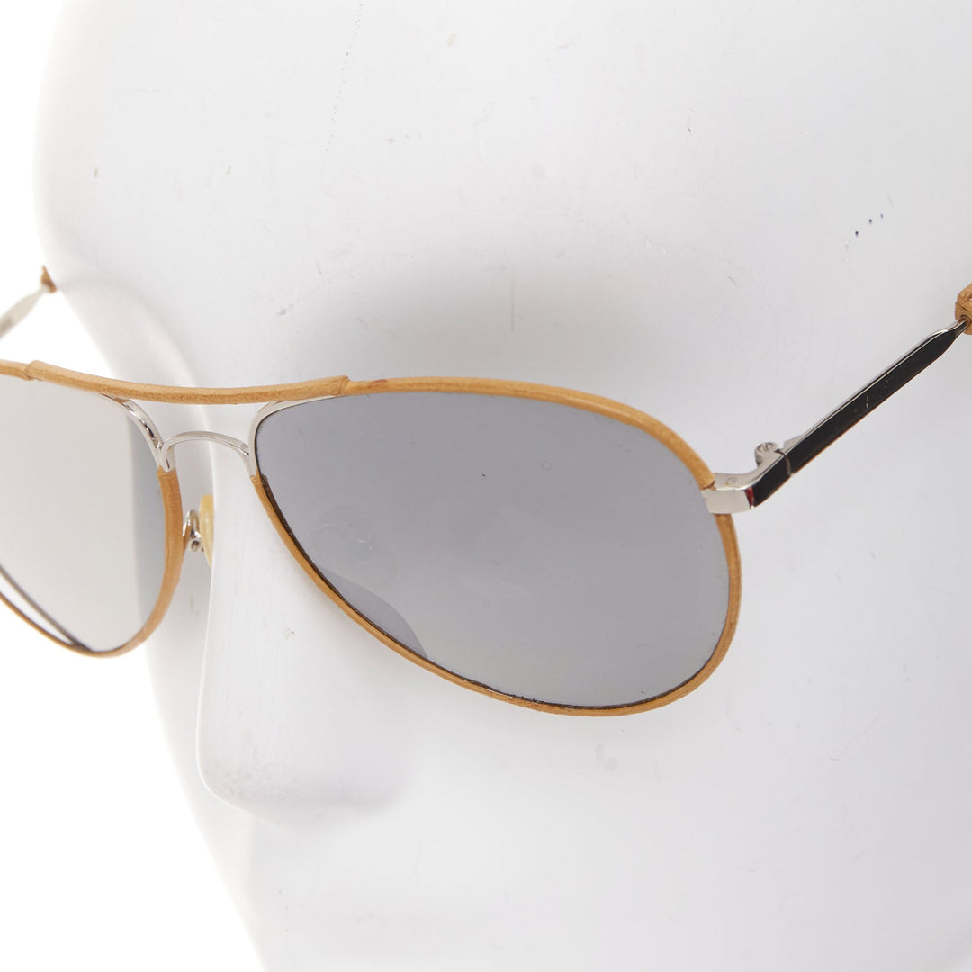 LINDA FARROW Veronique Branquinho tan leather trim aviators pilot sunglasses