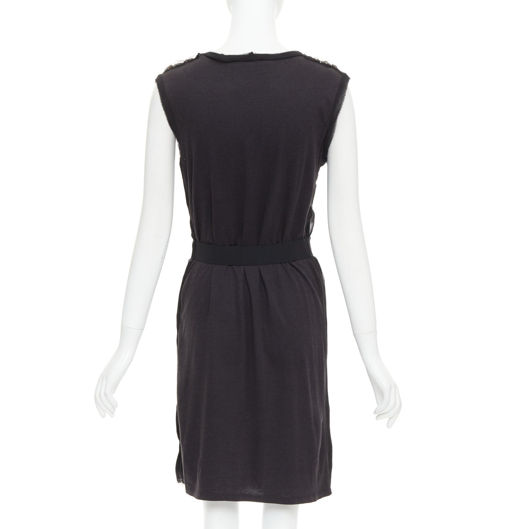 LANVIN black bamboo cotton crystal rhinestone belted dress M