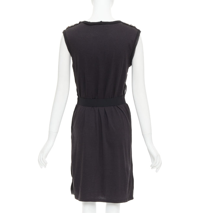 LANVIN black bamboo cotton crystal rhinestone belted dress M