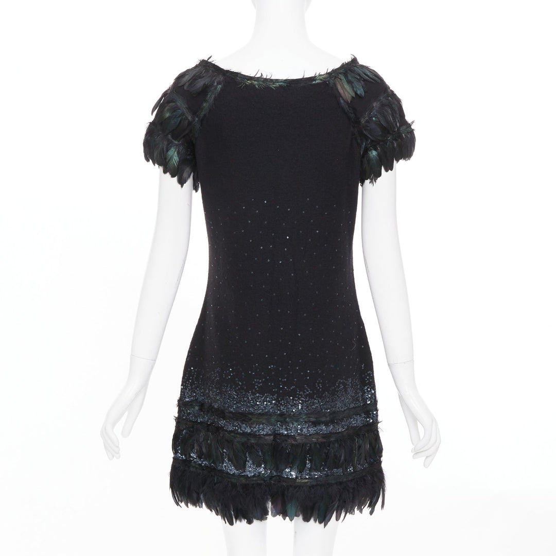 DIANE VON FURSTENBERG black wool iridescent sequin feather hem mini dress S