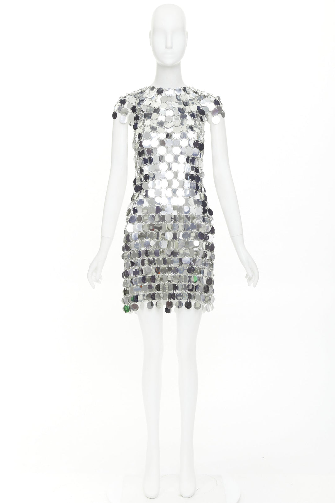 PACO RABANNE Iconic Silver Sparkle sequin chain discs mini dress FR38 M