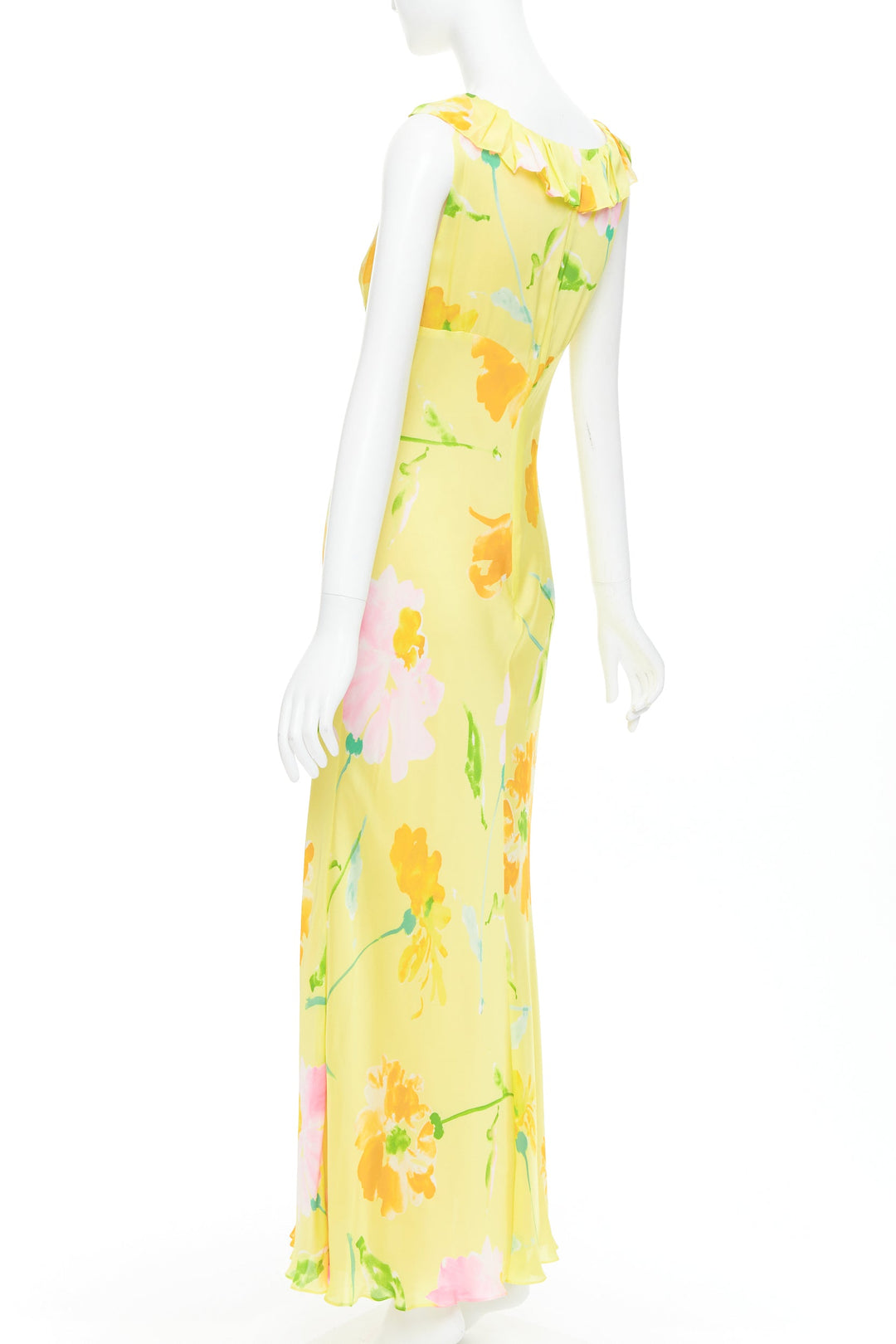 rare DONNA KARAN Vintage yellow floral print ruffle collar maxi dress