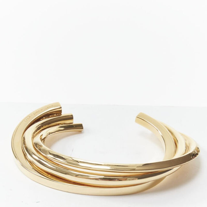 SAINT LAURENT gold tone architectural triple twist cuff bangle Hedi Slimane