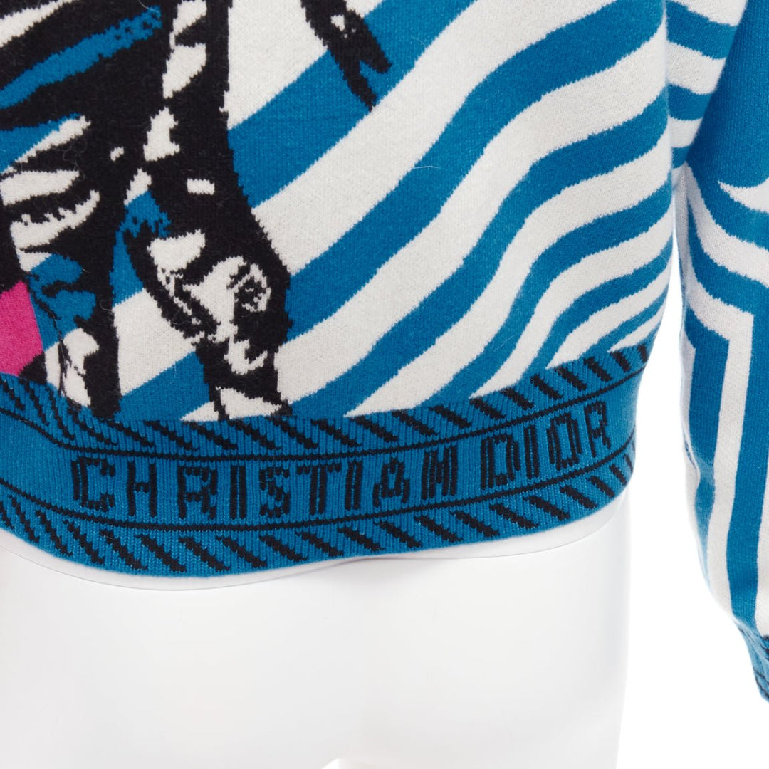 CHRISTIAN DIOR D-Jungle Pop Zebra graphic blue pink cashmere sweater FR34 S