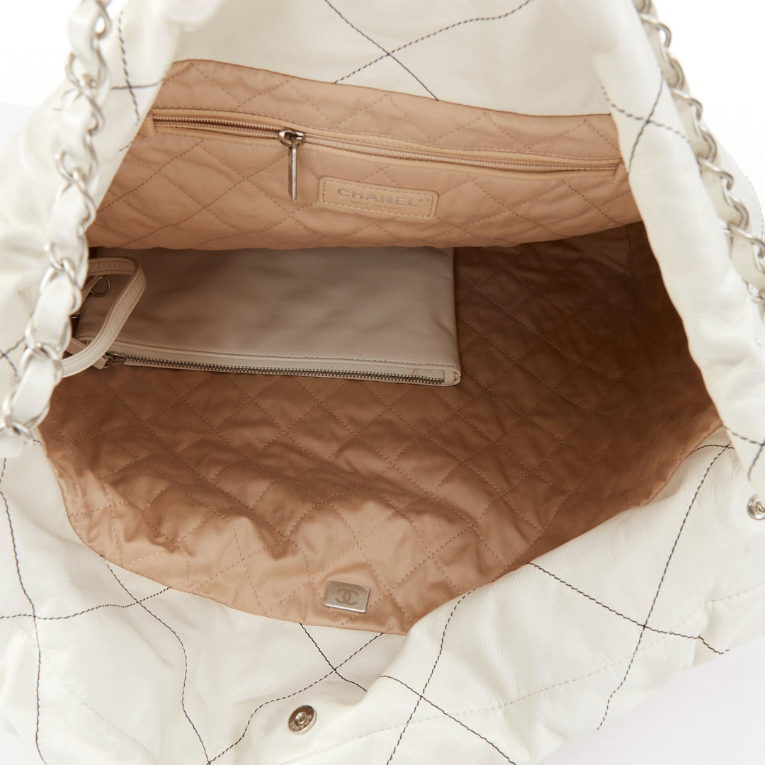 CHANEL 2022 Runway 22 Medium white quilted shiny calfskin silver hobo bag