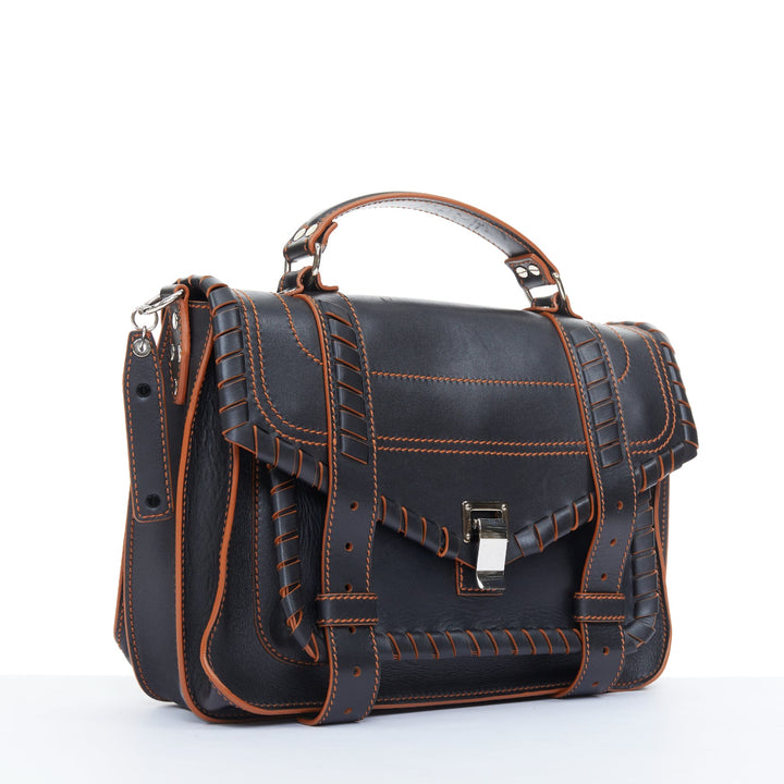 PROENZA SCHOULER PS1 Medium whipstitch black leather orange trim satchel bag OS