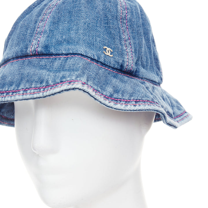 CHANEL 2022 washed blue denim silver CC logo red topstitch bucket hat M