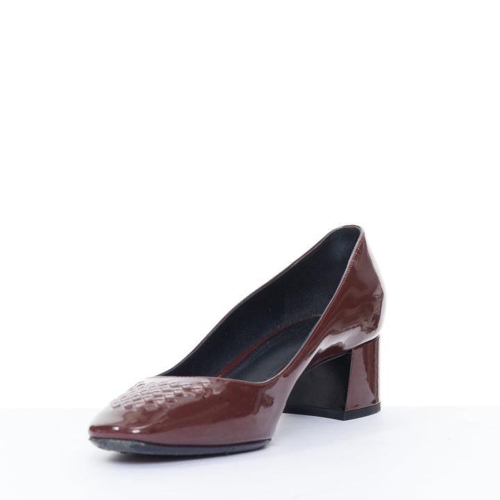 BOTTEGA VENETA burgundy patent leather intrecciato square toe block pumps EU37