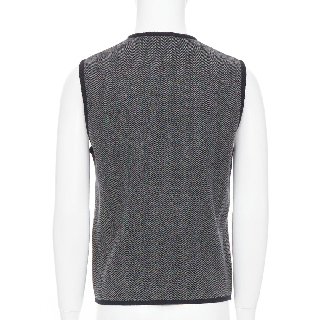 PRADA Vintage herringbone chevron contrast trim cashmere v-neck vest top IT48 M