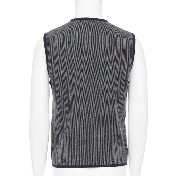 PRADA Vintage herringbone chevron contrast trim cashmere v-neck vest top IT48 M
