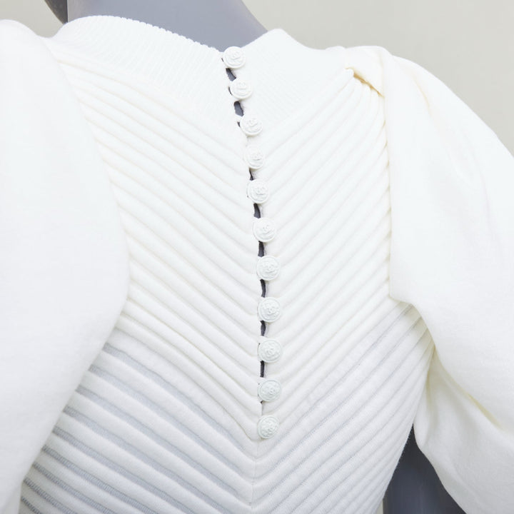 CHANEL 09P white cotton blend chevron puff sleeve CC buttons knit dress FR34 XS
