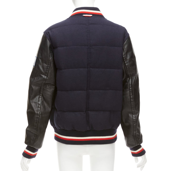 MONCLER GAMME BLEU navy wool leather sleeves goose down bomber jacket Sz2 M