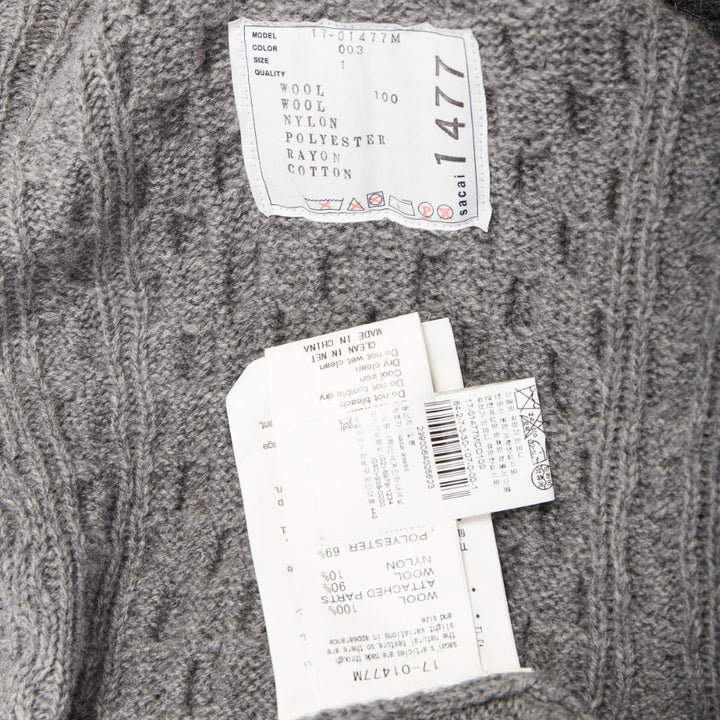 SACAI 2017 grey wool metallic military baroque trim cable knit cardigan JP1 S