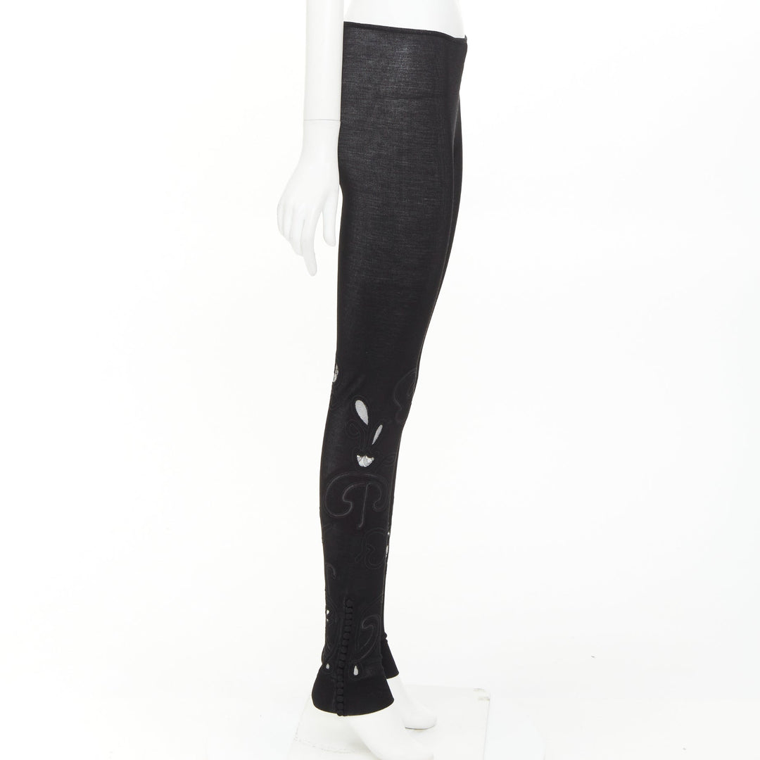 CHLOE 100% silk black lace embroidery cutout applique ribbed leggings XS