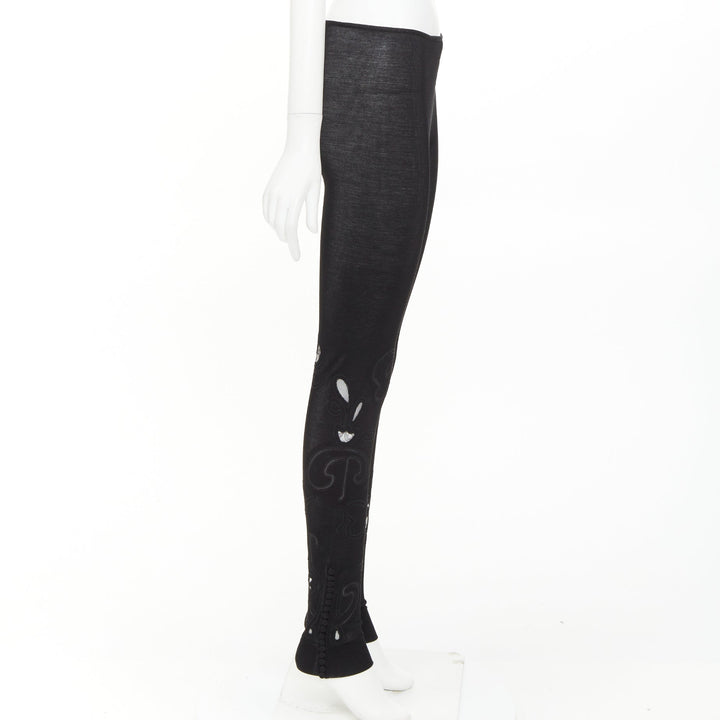 CHLOE 100% silk black lace embroidery cutout applique ribbed leggings XS