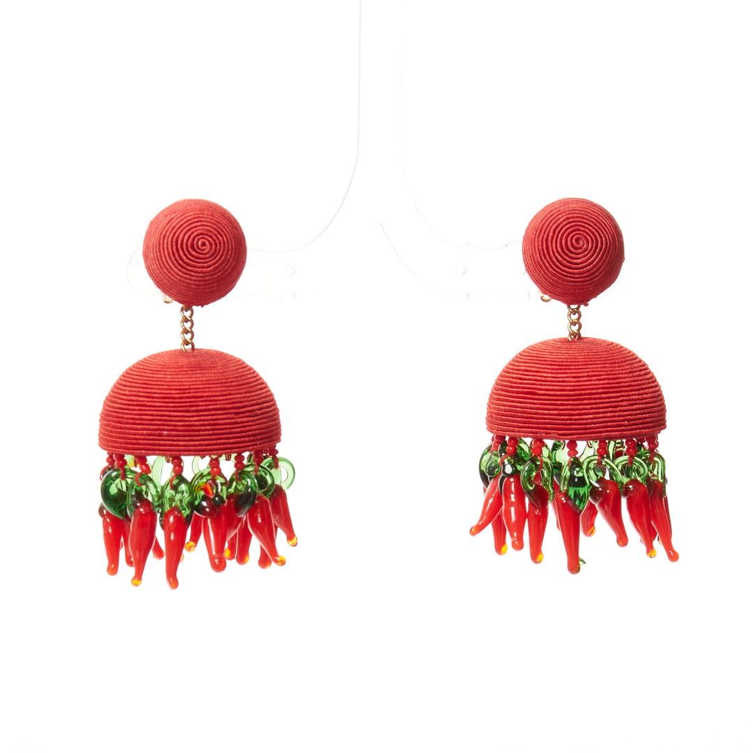 REBECCA DE RAVENEL red resin chilli beaded jellyfish tassel clip on earrings