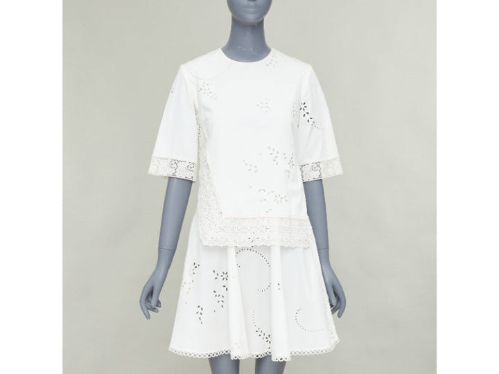 STELLA MCCARTNEY 2015 cream cotton eyelets lace trim half sleeve dress IT38 XS