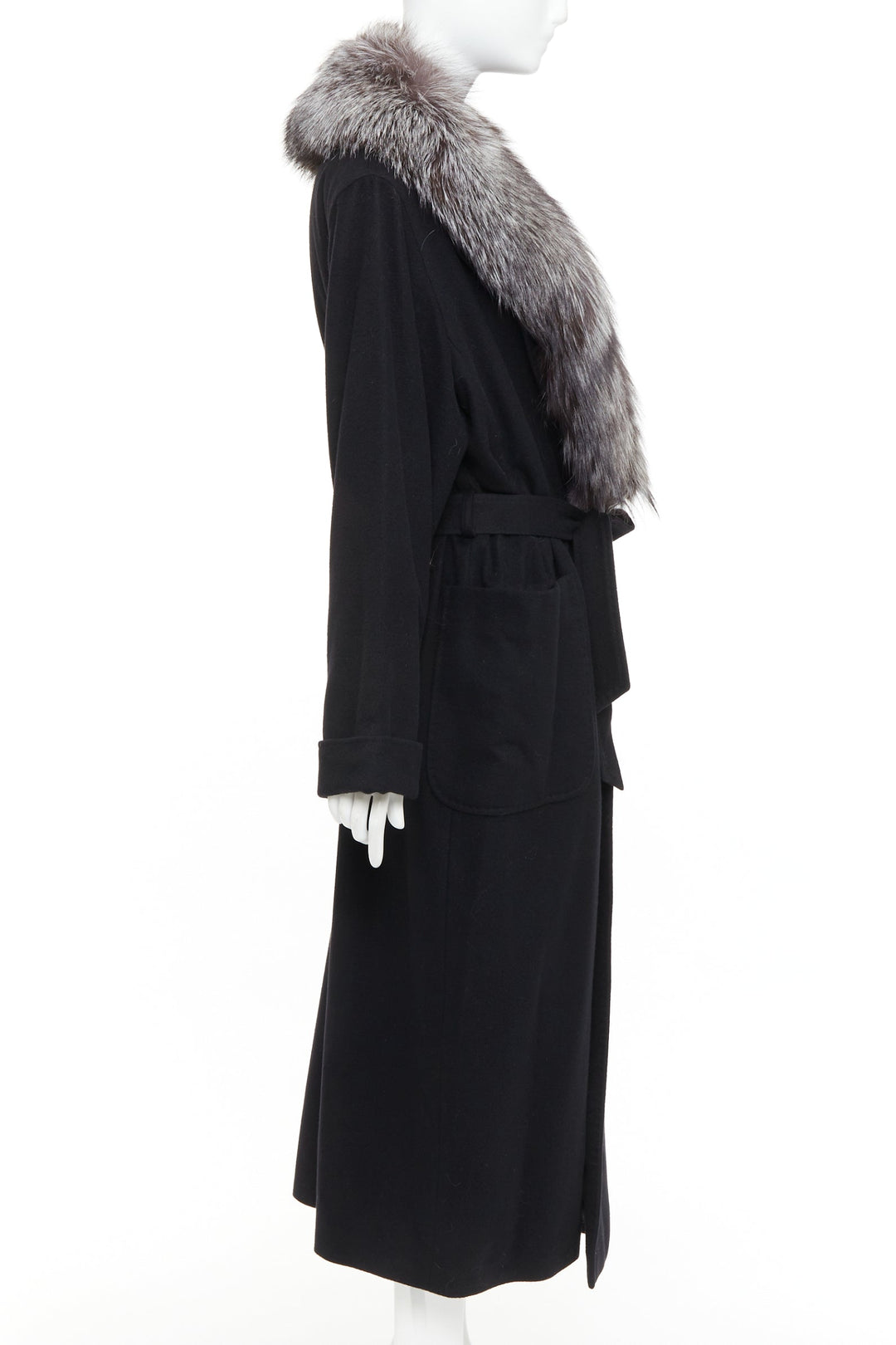 ESCADA Vintage black 100% cashmere brown fur collar belted long coat IT42 M