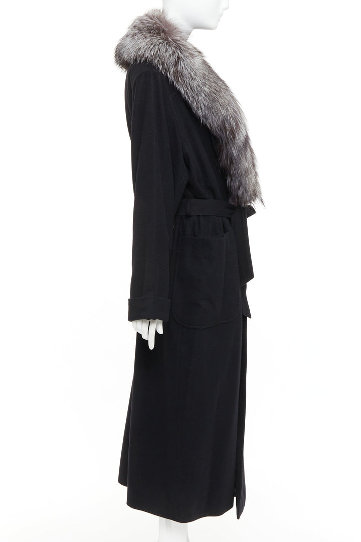 ESCADA Vintage black 100% cashmere brown fur collar belted long coat IT42 M