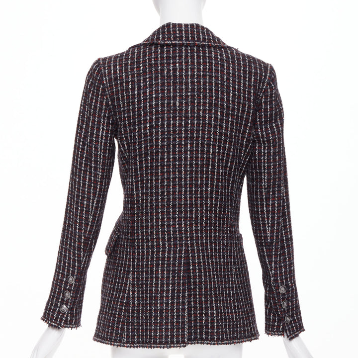 CHANEL 2008 burgundy navy check striped tweed cashmere wool fringe blazer FR42 L