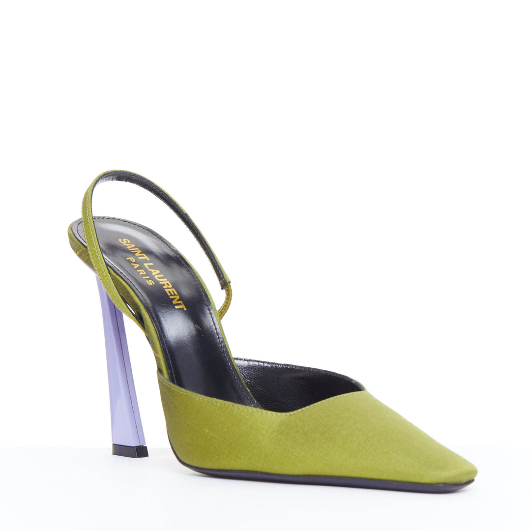 SAINT LAURENT Blade 105 green purple satin slingback pumps EU37