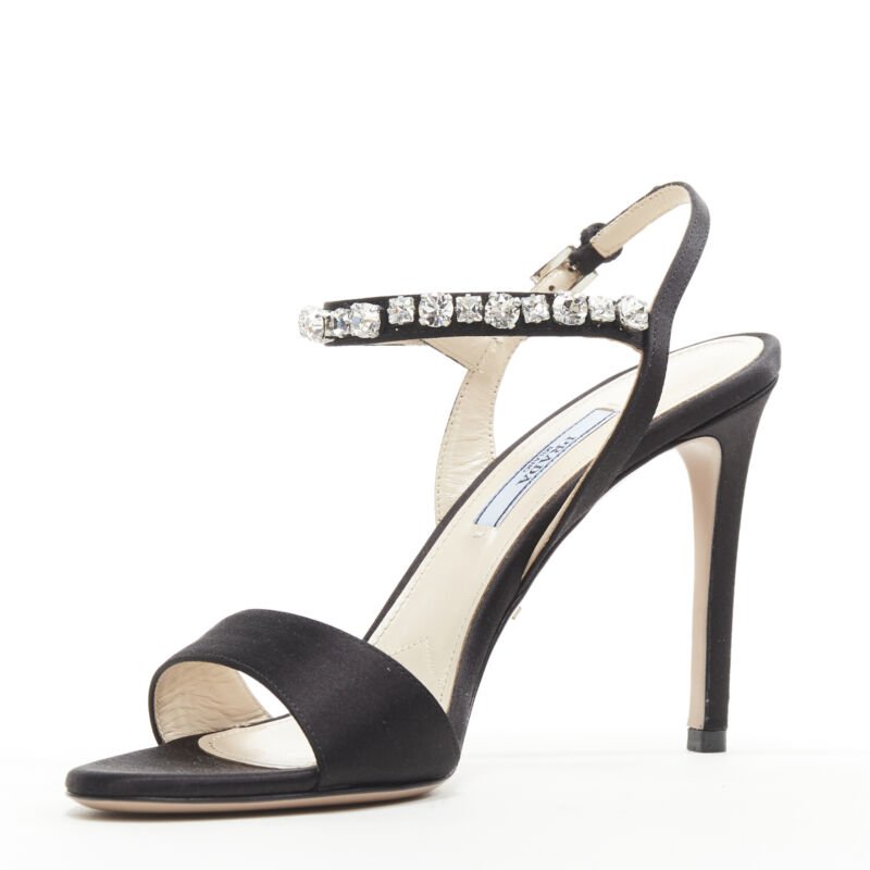 PRADA black satin crystal embellished strappy high heel sandals EU37.5