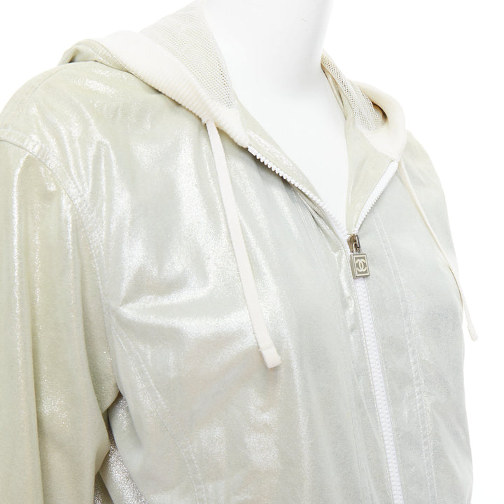 CHANEL 08P Vintage metallic lambskin leather rib trim hooded zip jacket FR38 M