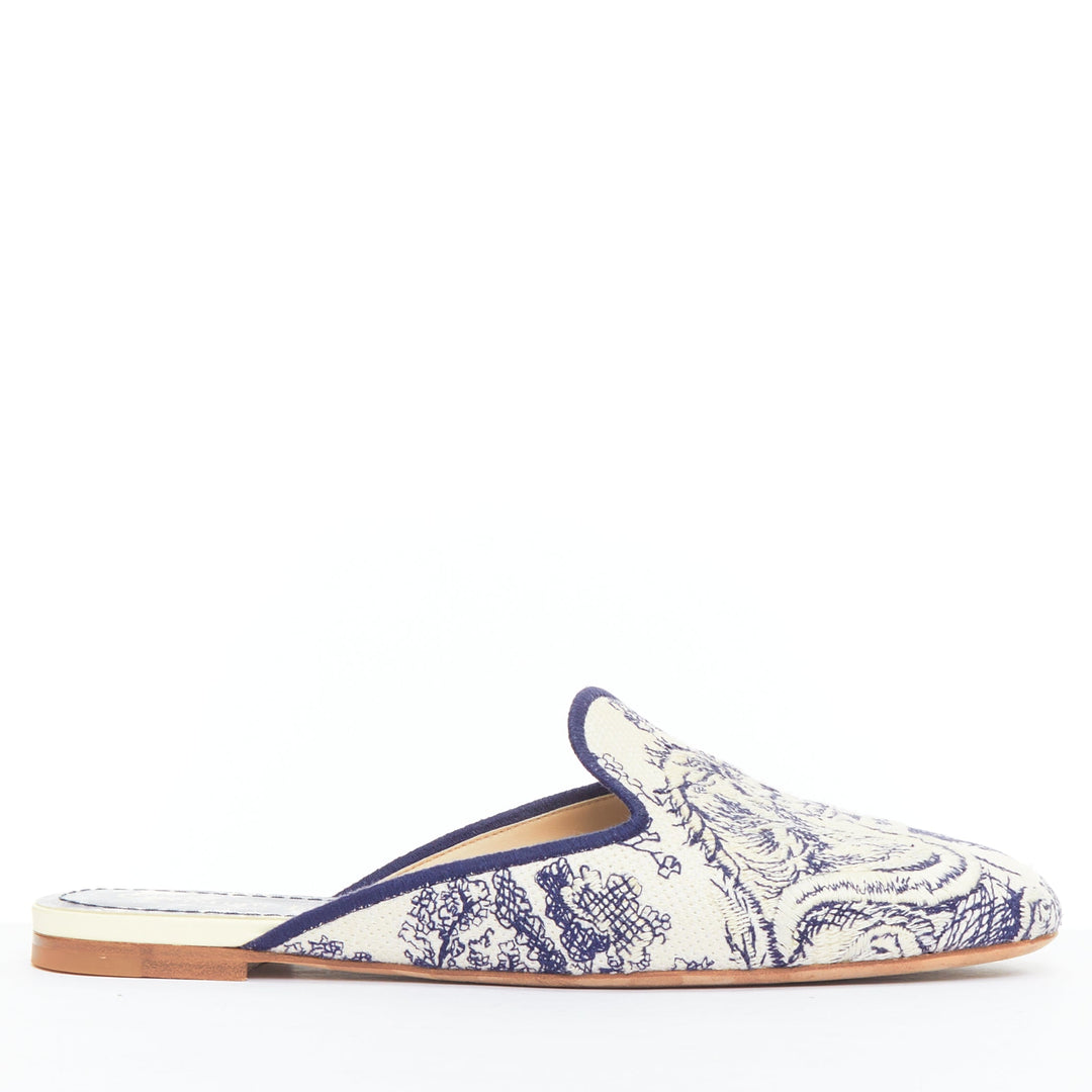 CHRISTIAN DIOR Off navy Toile de Jouy print canvas mule flats EU38