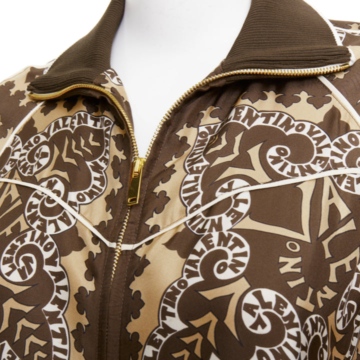 VALENTINO brown hue 100% silk logo scarf print collared track jacket IT38 XS