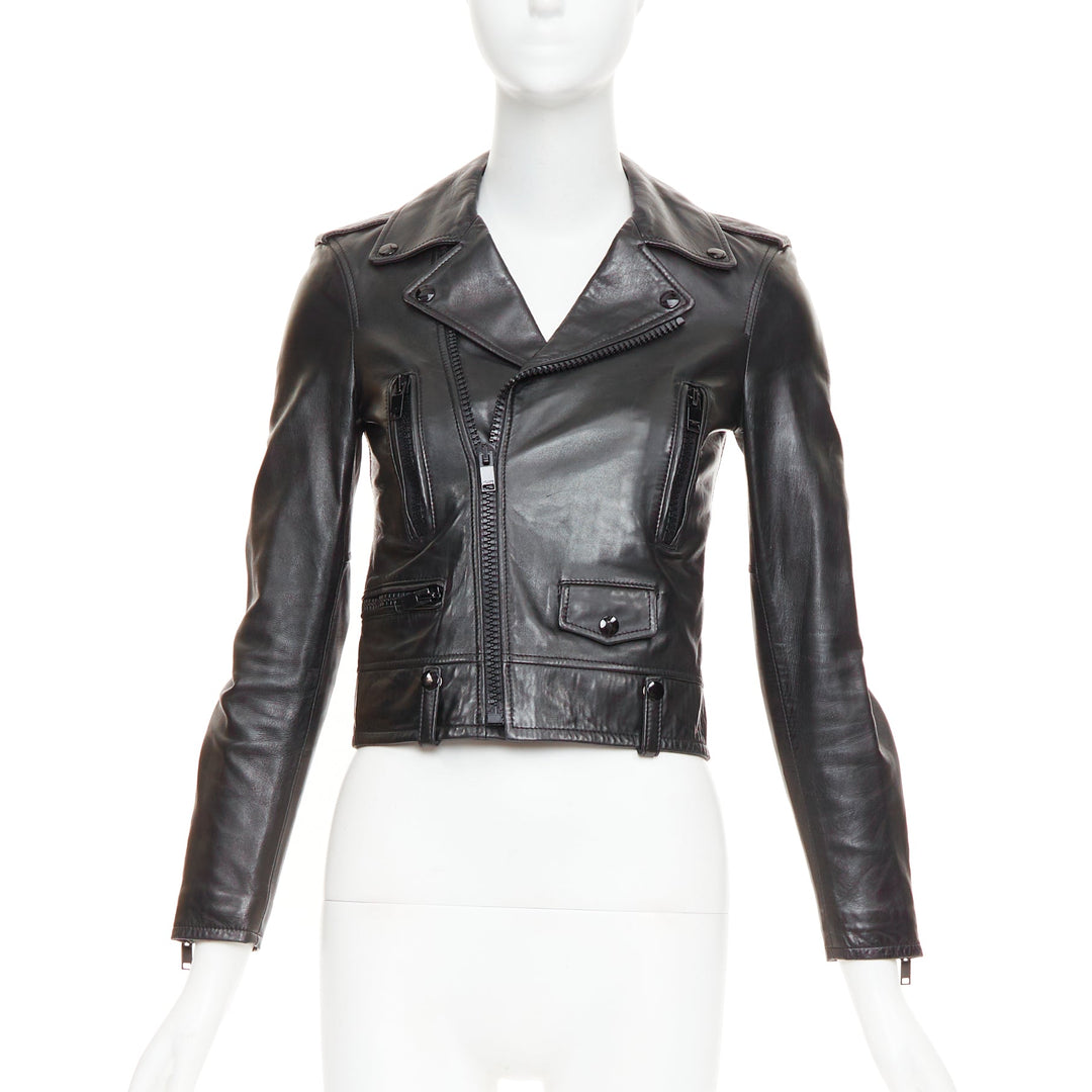 SAINT LAURENT 2015 black lambskin leather crop asymmetric biker jacket FR34 XS