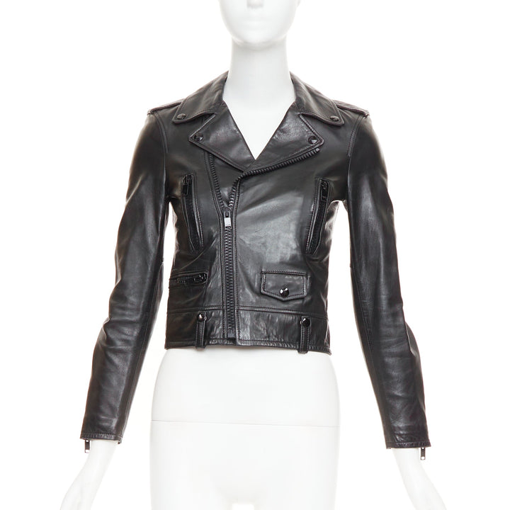 SAINT LAURENT 2015 black lambskin leather crop asymmetric biker jacket FR34 XS