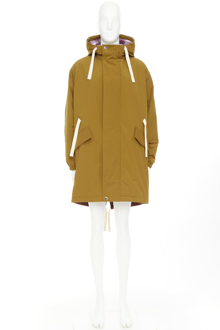 ACNE STUDIOS Oil Yellow Ozzy nylon drawstrings plaid hood fishtail parka FR48 M