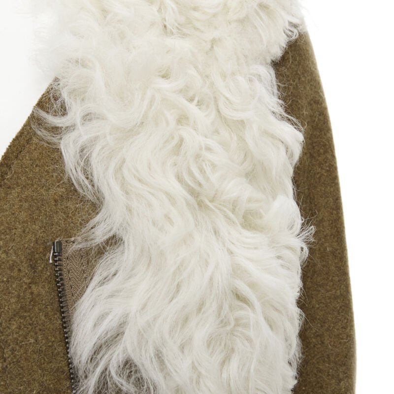 MARNI 2011 cream lamb shearling fur brown wool sleeves winter coat IT38 XS