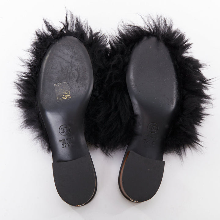 CHANEL black silver CC logo mongolian lamb fur fluffy slippers EU37.5