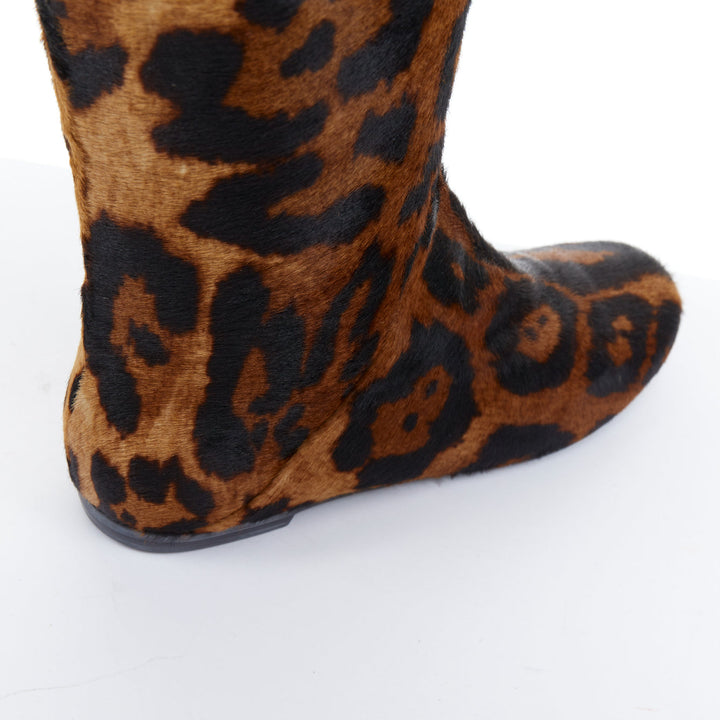 GIUSEPPE ZANOTTI leopard print calf hair flat over knee high tall boots EU37.5