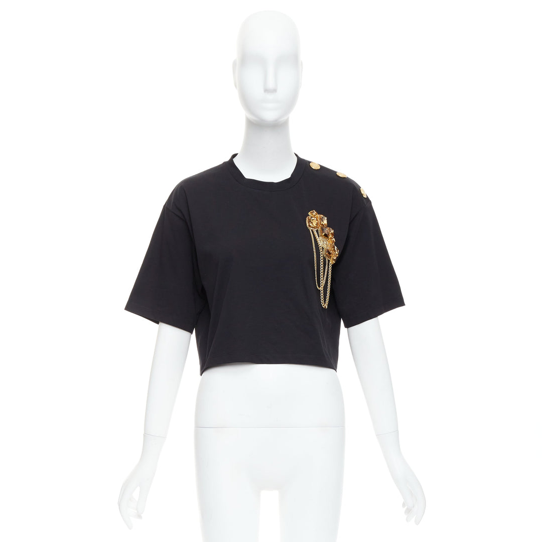 BALMAIN gold buttons chain embellished brooch black cotton crop tshirt XS