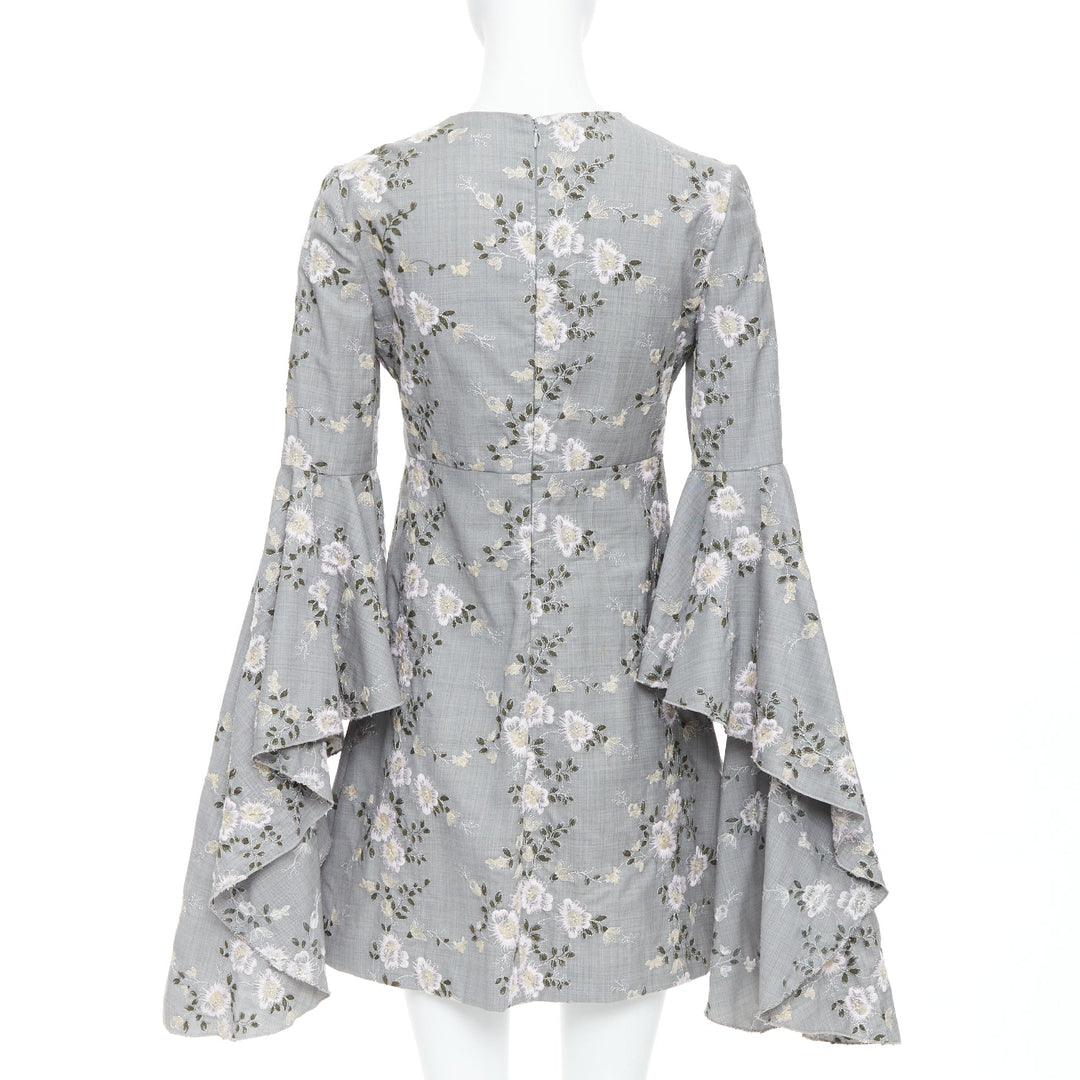 GIAMBATTISTA VALLI grey wool floral embroidery cascade bell sleeve dress IT38 XXS