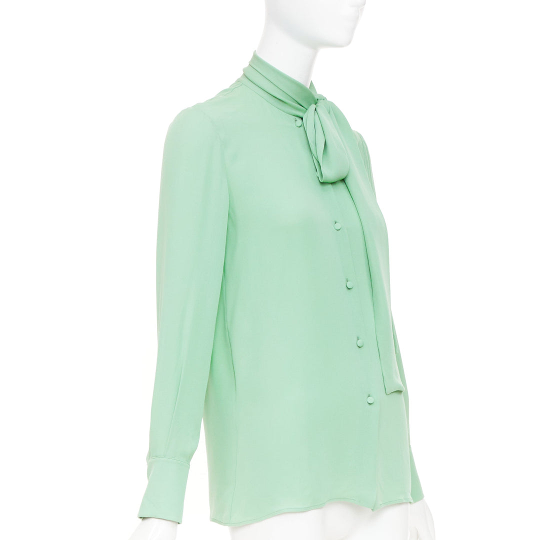 VALENTINO 2019 pastel mint green long sleeve silk crepe pussy bow blouse IT38 XS