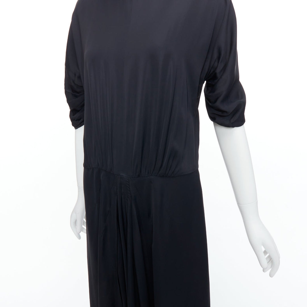 PRADA 2006 black viscose box pleat front ruched sleeves midi dress